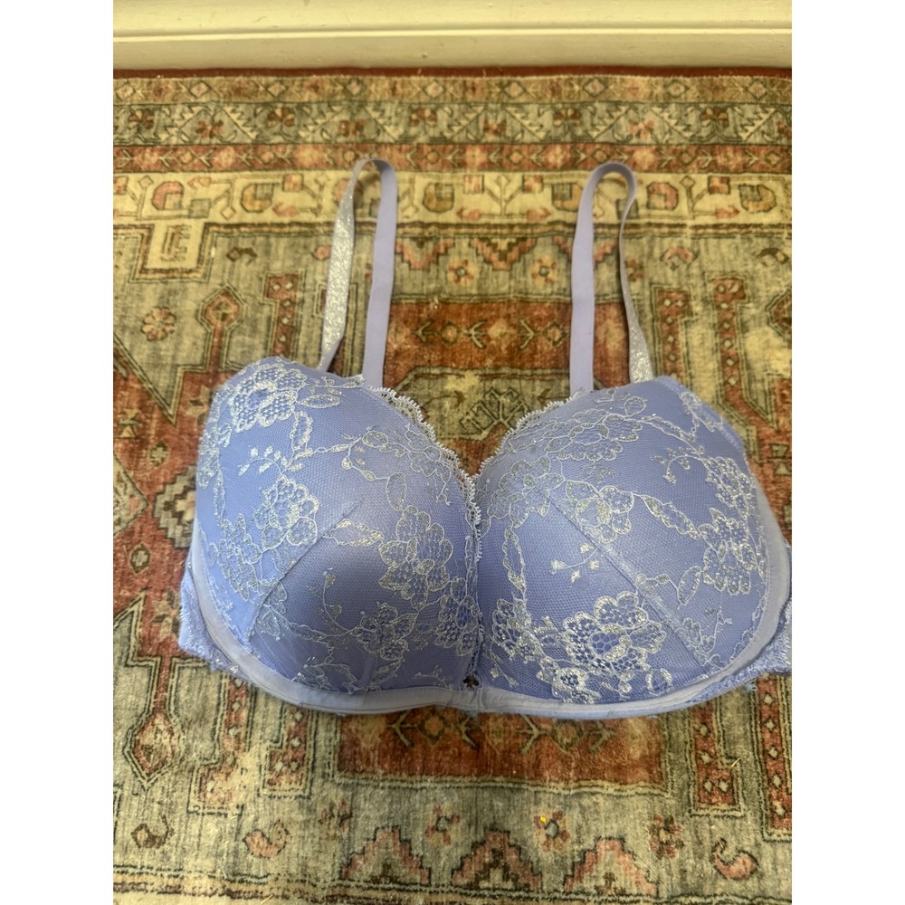 Victoria's Secret Dream Angels Padded Demi Bra 34DD Blue Floral Lace Metallic